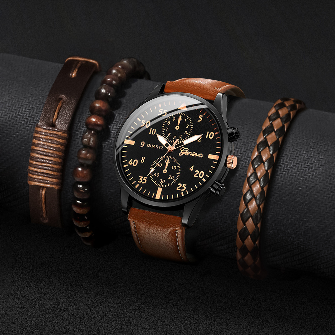 4PCS Fashion Arabic Dial Men B - Leather Watch Band Men ulasan dan harga